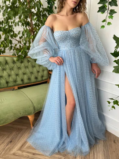 Ball Gown Off-the-shoulder Tulle Prom Dresses With Puff Sleeve #UKM020116108