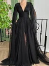 Ball Gown/Princess V-neck Tulle Sweep Train Prom Dresses With Pockets #UKM020116124