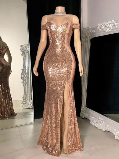 Sheath/Column Off-the-shoulder Sparkly Sequin Prom Dresses #UKM020116126