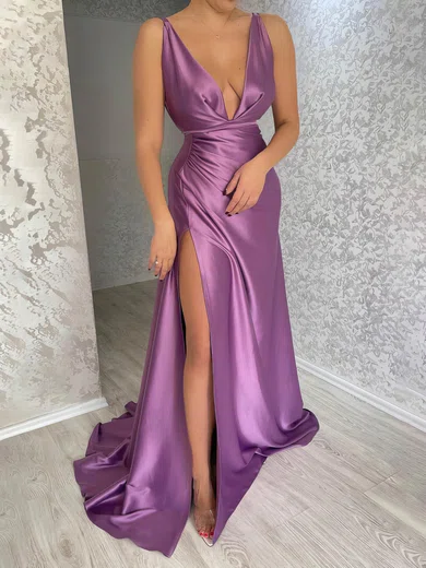 Sheath/Column V-neck Silk-like Satin Sweep Train Prom Dresses With Split Front #UKM020116158