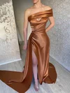 Sheath/Column One Shoulder Silk-like Satin Sweep Train Prom Dresses With Split Front #UKM020116161