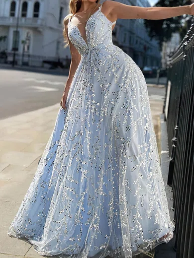 A-line V-neck Backless Sparkly Sequin Prom Dresses #UKM020116168