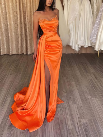 Sheath/Column Strapless Satin Prom Dresses With Ruched #UKM020116177