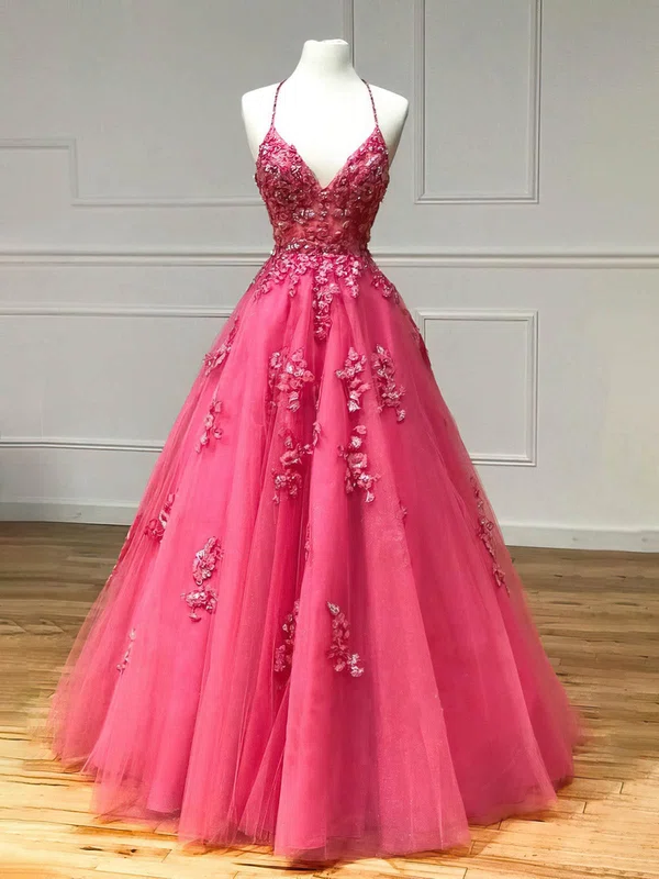 Ball Gown V-neck Tulle Glitter Sweep Train Appliques Lace Prom Dresses #UKM020116179