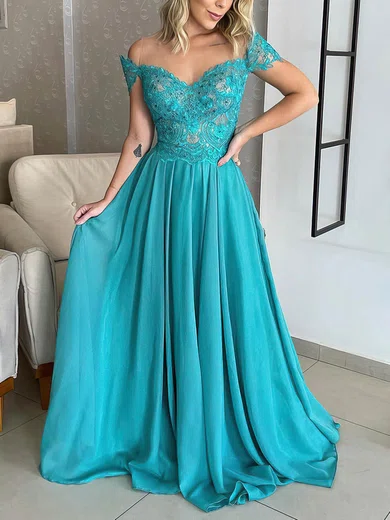A-line Off-the-shoulder Chiffon Floor-length Prom Dresses With Lace #UKM020116181