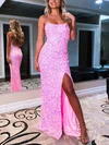 Sheath/Column Sweep Train Scoop Neck Sequined Split Front Prom Dresses #UKM020116190