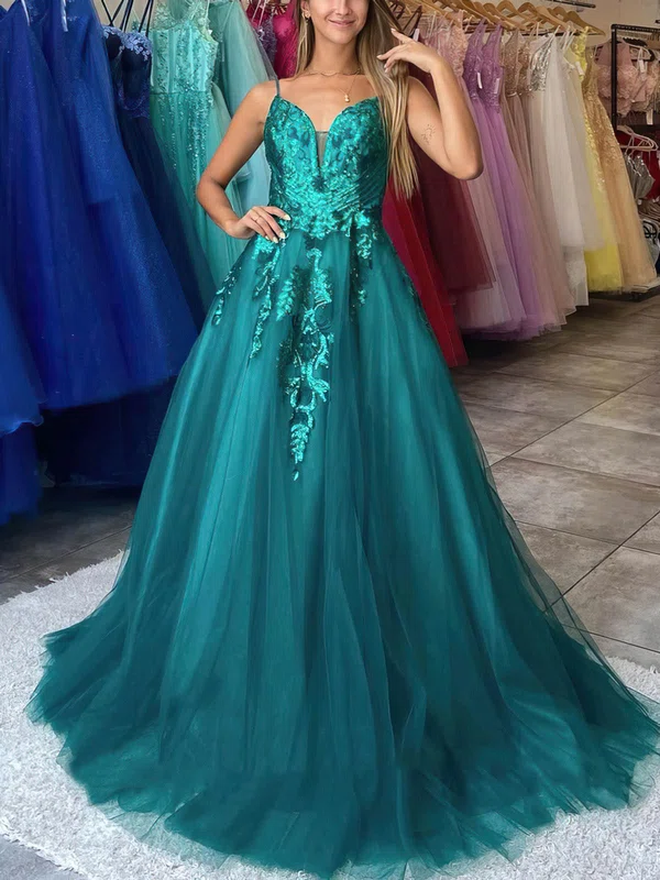 Ball Gown V-neck Tulle Sweep Train Appliques Lace Prom Dresses #UKM020116191