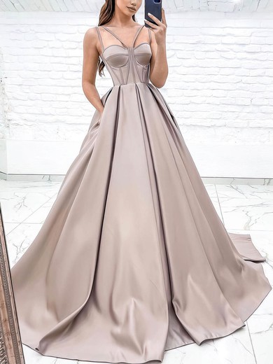 Ball Gown/Princess Sweetheart Satin Sweep Train Prom Dresses With Pockets #UKM020116192