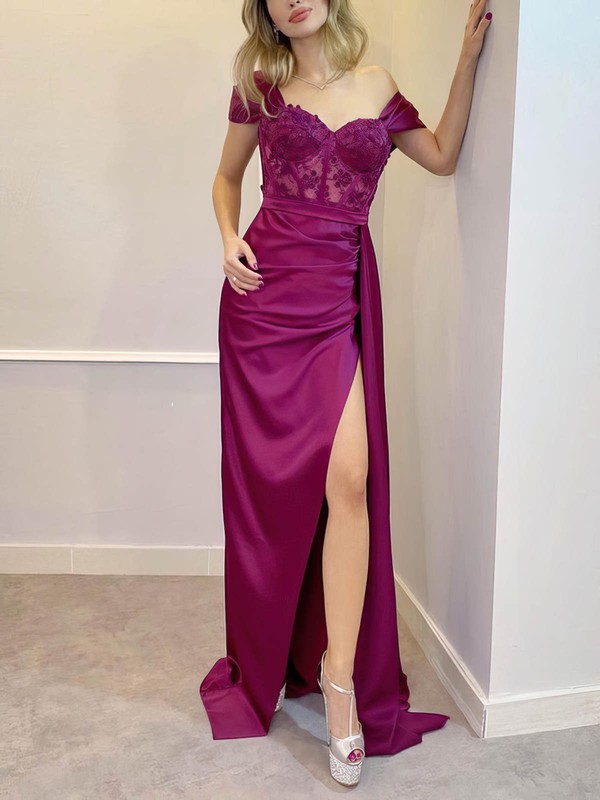 Sheathcolumn Off The Shoulder Lace Silk Like Satin Sweep Train Prom Dresses With Split Front 6909