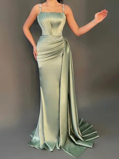 Sheath/Column Square Neckline Satin Sweep Train Prom Dresses With Beading #UKM020116198