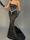 Trumpet/Mermaid Straight Silk-like Satin Sweep Train Appliques Lace Prom Dresses #UKM020116199