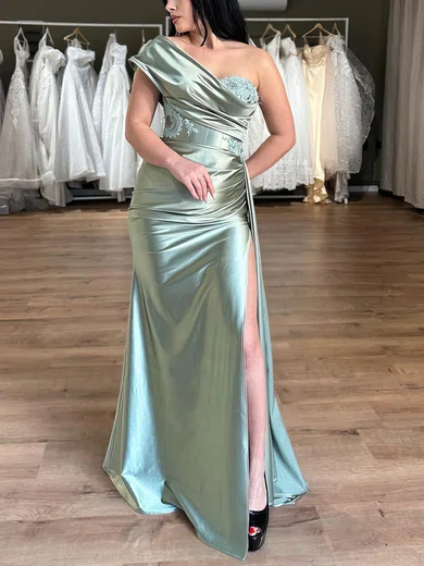 Sheath/Column One Shoulder Silk-like Satin Sweep Train Prom Dresses With Beading #UKM020116202