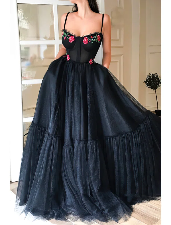 Ball Gown V-neck Tulle Floor-length Prom Dresss With Flower(s) #UKM020116211