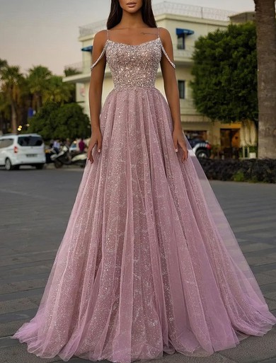Ball Gown Scoop Neck Tulle Glitter Floor-length Prom Dresss With Beading #UKM020116212