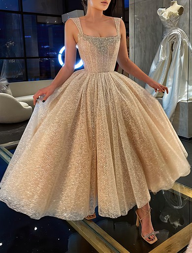 Ball Gown Square Neckline Glitter Ankle-length Prom Dresss With Beading #UKM020116214