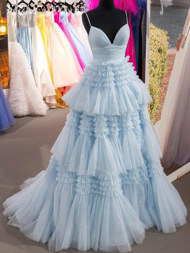 Sky Blue Ball Gown V-neck Tulle Ruffle Tiered Prom Dresses #UKM020116217