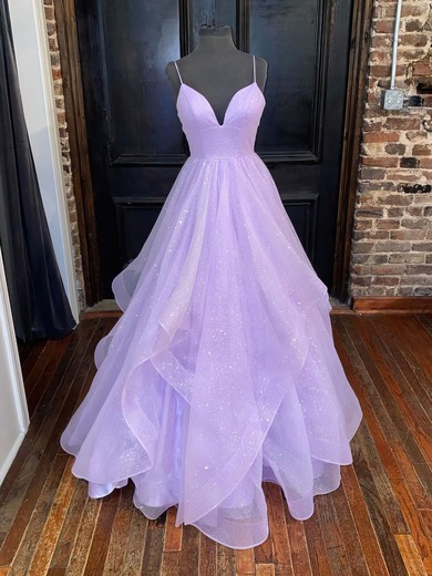Ball Gown V-neck Glitter Floor-length Prom Dresses With Cascading Ruffles #UKM020116222