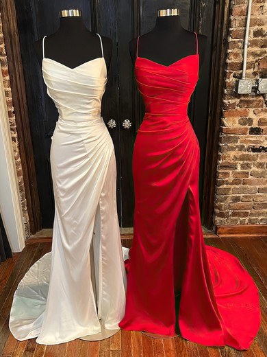 Sheath/Column V-neck Satin Prom Dresses With Ruched #UKM020116301