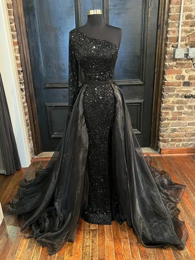 Ball Gown One Shoulder Long Sleeves Sparkly Sequin Tulle Prom Dresses #UKM020116303