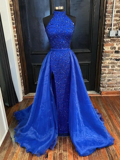 Ball Gown High Neck Sparkly Sequin Tulle Prom Dresses #UKM020116304
