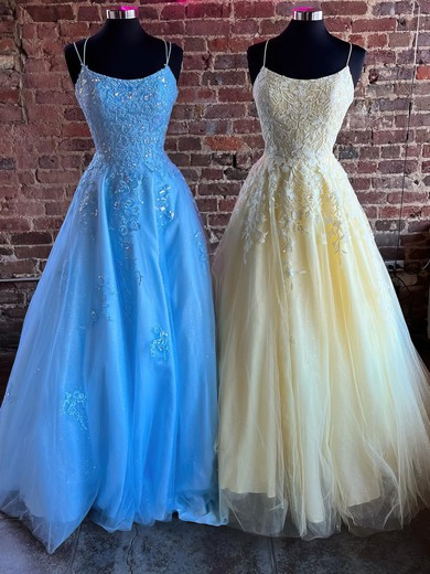 Ball Gown Scoop Neck Tulle Floor-length Appliques Lace Prom Dresses #UKM020116318