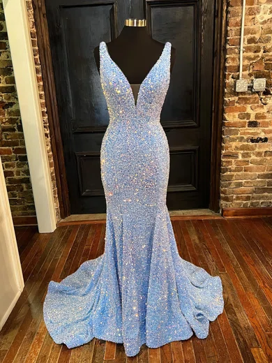 Mermaid V-neck Backless Sparkly Sequin Prom Dresses #UKM020116319