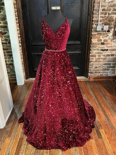 Ball Gown V-neck Sparkly Sequin Prom Dresses With Beading #UKM020116320
