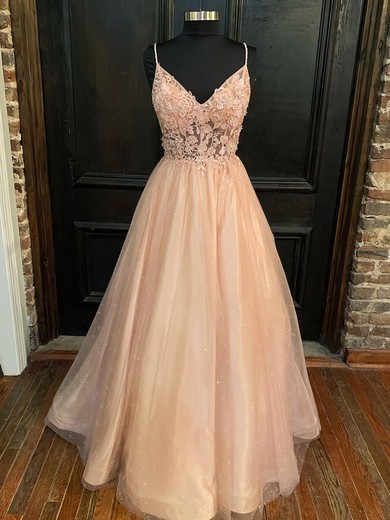 Ball Gown V-neck Tulle Floor-length Appliques Lace Prom Dresses #UKM020116323