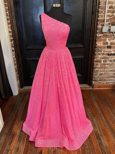Ball Gown One Shoulder Sparkly Sequin Prom Dresses #UKM020116329