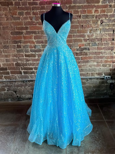 Ball Gown V-neck Glitter Floor-length Beading Prom Dresses #UKM020116334