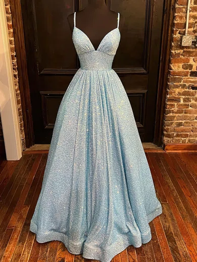 Ball Gown V-neck Sparkly Sequin Prom Dresses With Ruched #UKM020116338