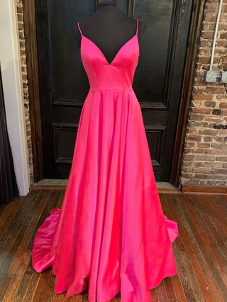 Ball Gown V-neck Satin Floor-length Pockets Prom Dresses | MillyBridal