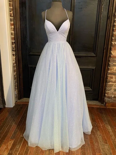 Ball Gown V-neck Floor-length Tulle Prom Dresses #UKM020116395