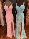 Sheath/Column V-neck Lace Tulle Floor-length Appliques Lace Prom Dresses #UKM020116398