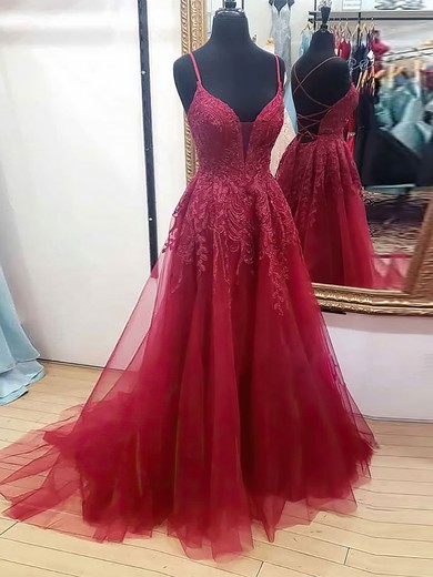 Ball Gown V-neck Tulle Sweep Train Appliques Lace Prom Dresses #UKM020116409