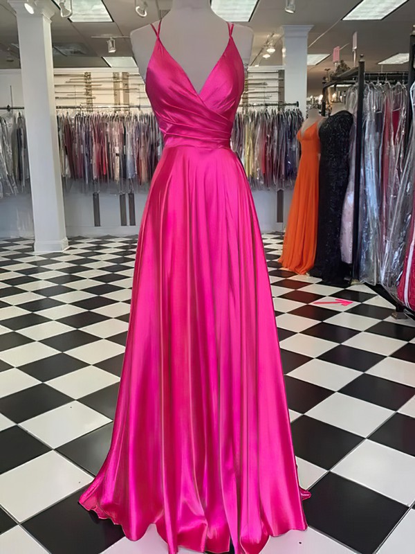 A Line V Neck Silk Like Satin Floor Length Ruffles Prom Dresses