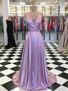 A-line V-neck Silk-like Satin Sweep Train Prom Dresses #UKM020116417