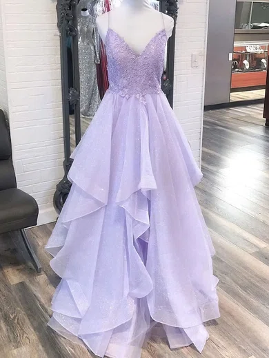 Ball Gown V-neck Tulle Ruffle Tiered Prom Dresses With Appliques #UKM020116419