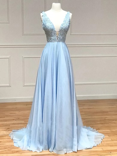 A-line V-neck Chiffon Sweep Train Prom Dresses With Appliques Lace #UKM020116420