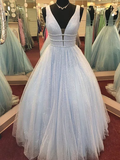 Ball Gown V-neck Floor-length Tulle Prom Dresses With Beading #UKM020116423