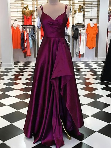 A-line V-neck Silk-like Satin Floor-length Ruffles Prom Dresses #UKM020116425