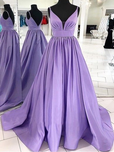 Ball Gown V-neck Satin Sweep Train Ruffles Prom Dresses #UKM020116426