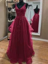 Ball Gown V-neck Tulle Floor-length Appliques Lace Prom Dresses #UKM020116427