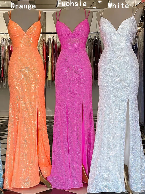 Sheath/Column V-neck Sequined Sweep Train Prom Dresses With Split Front #UKM020116431