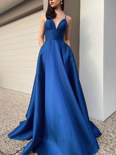 Ball Gown V-neck Satin Sweep Train Pockets Prom Dresses #UKM020116434