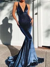 Trumpet/Mermaid V-neck Shimmer Crepe Sweep Train Ruffles Prom Dresses #UKM020116448