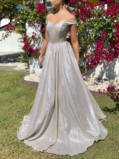 Ball Gown Off-the-shoulder Shimmer Crepe Sweep Train Prom Dresses #UKM020116453