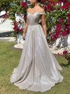 Ball Gown Off-the-shoulder Shimmer Crepe Sweep Train Prom Dresses #UKM020116453
