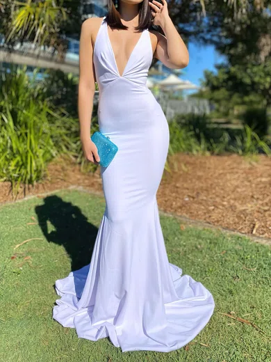 White Mermaid V-neck Jersey Prom Dresses With Ruched #UKM020116457