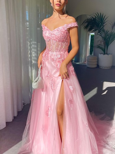 Ball Gown Off-the-shoulder Tulle Sweep Train Prom Dresses With Appliques Lace #UKM020116467